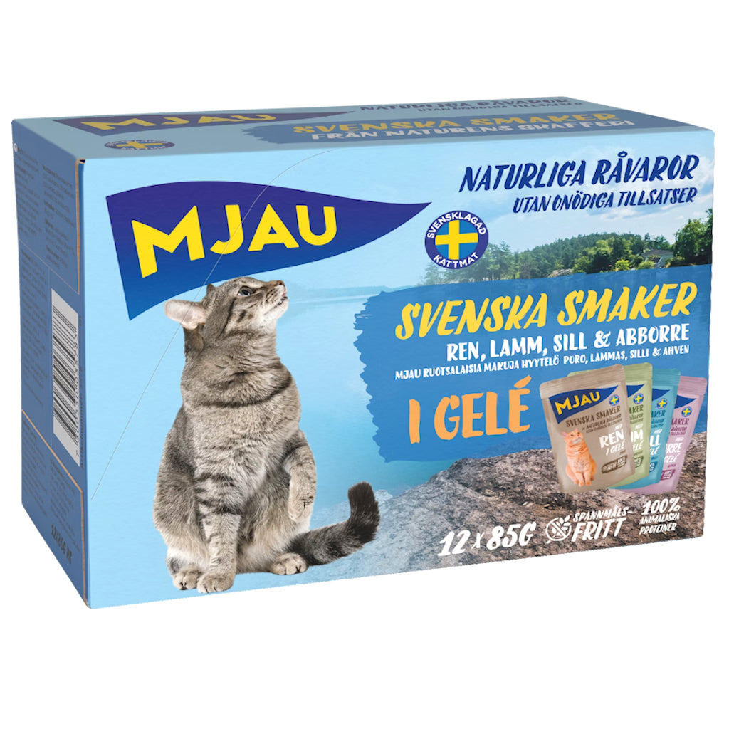 Mjau Lajitelma Svenska Smaker Kala & Liha hyytelössä 12 x 85g