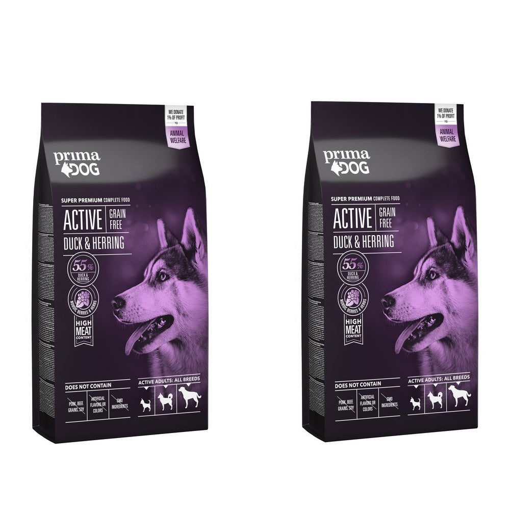 PrimaDog Viljaton Ankka & Silli aktiivisille aikuisille koirille 10kg x 2kpl