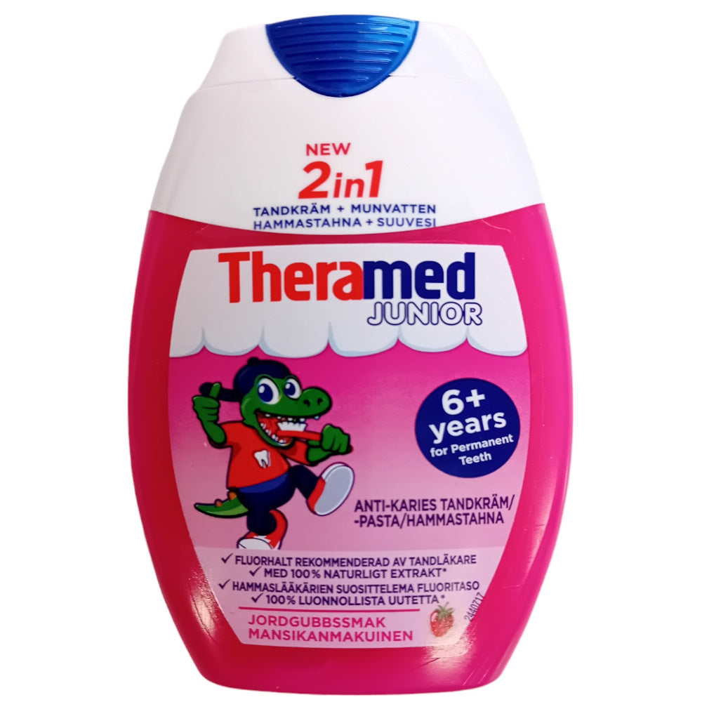 Theramed 2in1 Junior Hammastahna ja Suuvesi 6v+ mansikka 75ml