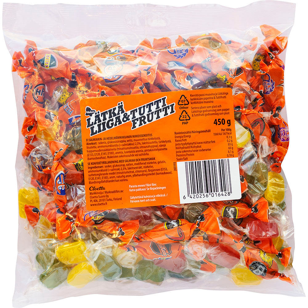 Malaco Lätkäliiga & Tutti Frutti makeissekoitus 450g