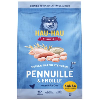 Hau Hau Champion pentu + emo kanaa riisiä kauraa koirille 1,5kg