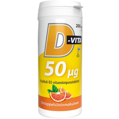 D-Vita 50ug Veriappelsiini ksylitoli-D3-vitamiinipurutabletti 200tabl