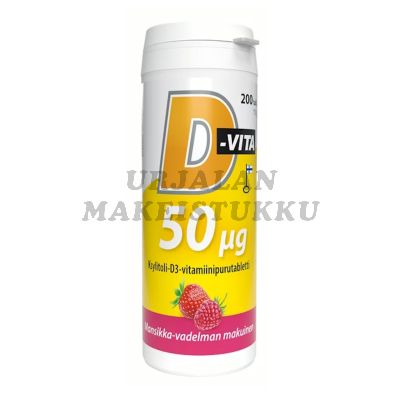 D-Vita 50ug Mansikka Vadelma Ksylitoli-D3-vitamiinipurutabletti 200tabl