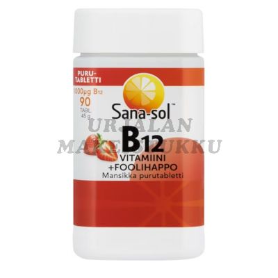 Sana-sol B12 1000 µg + Foolihappo Mansikka purutabletti 90kpl