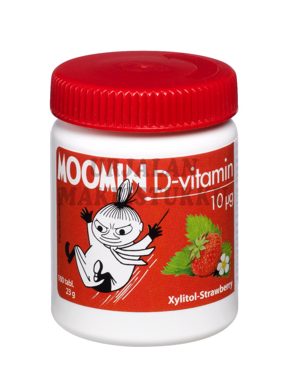 Moomin D-vitamiini Xylitol-mansikka 10 mikrog 100 tabl