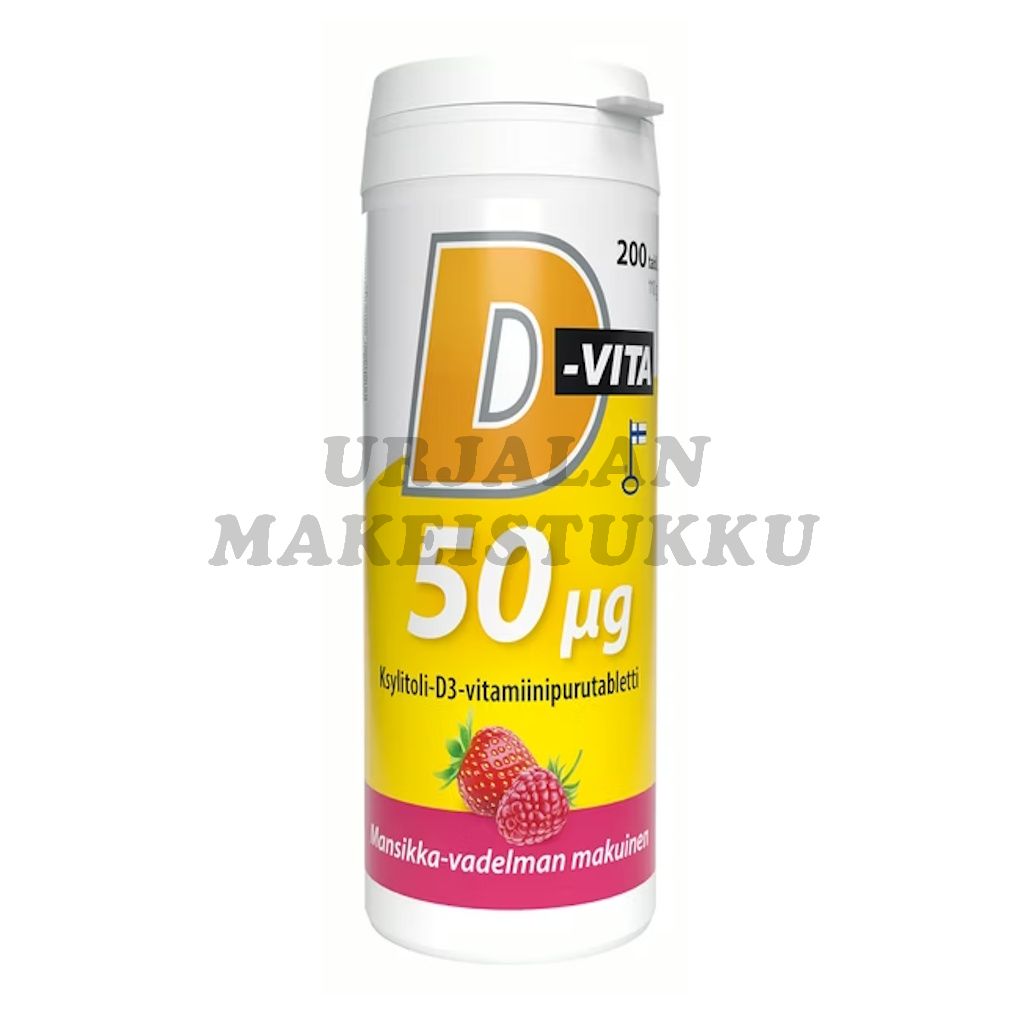 D-Vita 50ug Mansikka Vadelma Ksylitoli-D3-vitamiinipurutabletti 200tabl