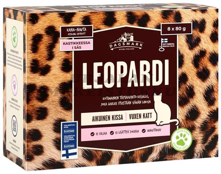 Dagsmark Leopardi kotimainen kissan täysravinto 8 x 80g kanaa ja nautaa kastikke