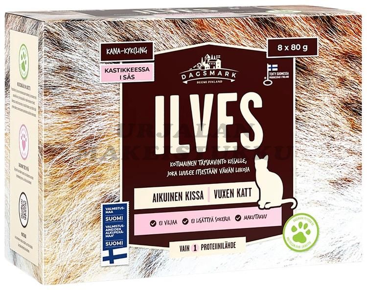Dagsmark Ilves kotimainen kissan täysravinto 8 x 80g kanaa kastikkeessa
