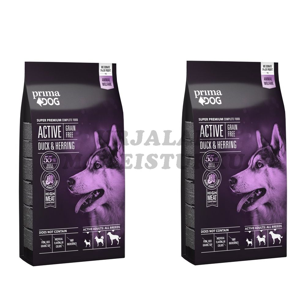PrimaDog Viljaton Ankka & Silli aktiivisille aikuisille koirille 10kg x 2kpl
