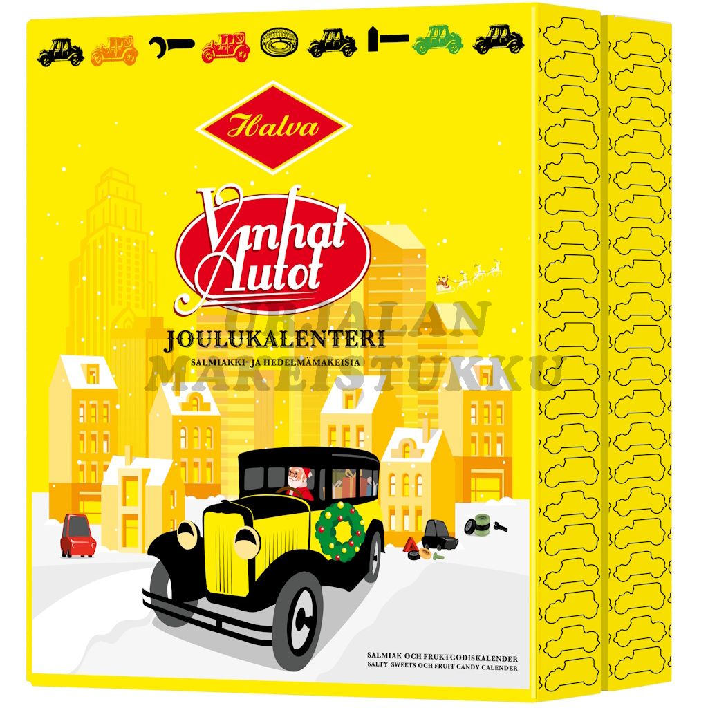 Halva Vanhat Autot salmiakki- ja hedelmäkarkki joulukalenteri 200g
